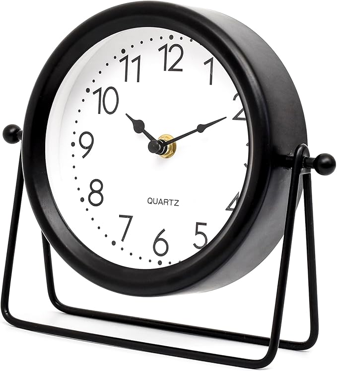 Small Desk Clock – Classic Vintage Silent Non-Ticking Clock with Distressed Metal Frame, Decorative Shelf Decor for Office, Living Room or Bedroom