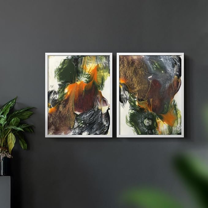 Renditions Gallery Set of 2 Peel & Stick Framed Prints, Watercolor Abstract Wall Art, Colorful Fluid Design Wall Decor, Re-Stickable - Ready to Hang - 8"x10" - White Frame LT588