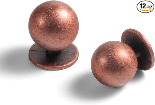 Set of 12 -Sleek Round Antique Copper Cabinet Knobs - Retro and Minimalist Hardware for Stylish Home Enhancement - 1 1/8 Inch Diameter