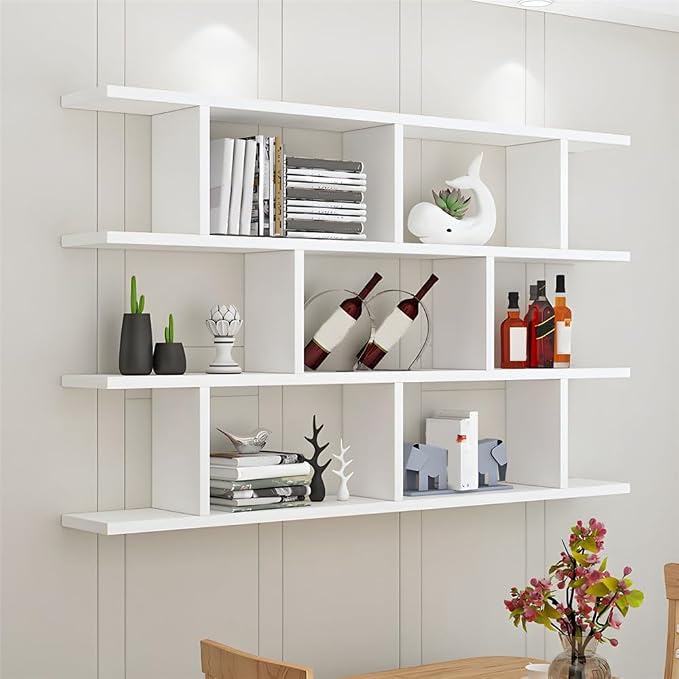 Wall Mounted Floating Shelves Modern Bookcase Storage Shelf Open Hanging Wall Shelves Bookshelf for Home Deco LivingRoom Bedroom Study Office -White 55" L x 8" W x 38" H