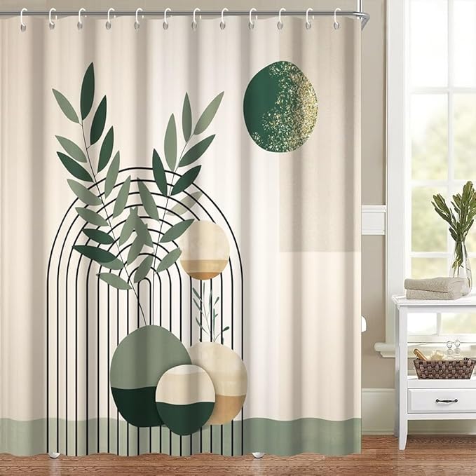 Mid Century Boho Shower Curtain for Bathroom Modern Abstract Minimalist Bathroom Decor Set Green Leaf Sun Arch Bathtub Curtains Machine Washable Waterproof Polyester Fabric with Hooks 69x70 Inch