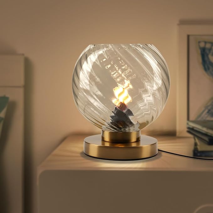 Gold Plug in Desk Table Lamps with Clear Glass Shade Small Bedside Lamp Mid Century Table Lamp for Nightstand Living Room Bedroom Office (Round)