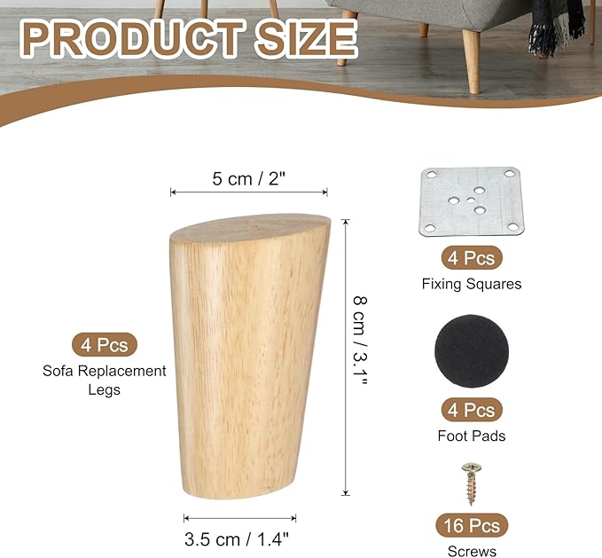 PATIKIL Wood Furniture Legs, 4Pcs 3.1" Tapered Replacement Sofa Leg for Chair Couch Bed Coffee Table Dresser, Wood Color