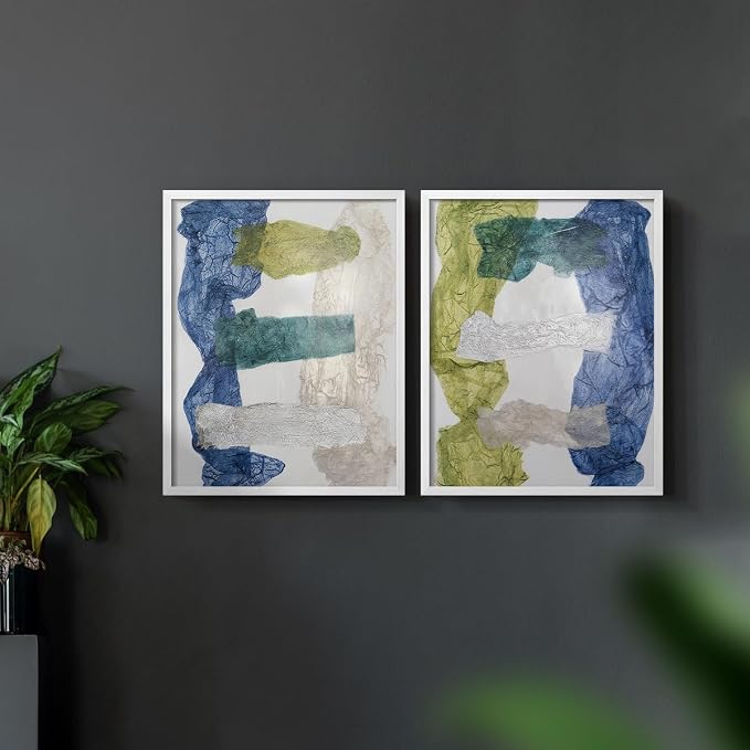 Renditions Gallery Set of 2 Peel & Stick Framed Prints, Elegant Abstract Wall Art, Dyed Cloth Texture Wall Decor, Re-Stickable - Ready to Hang - 16"x20" - White Frame LT588