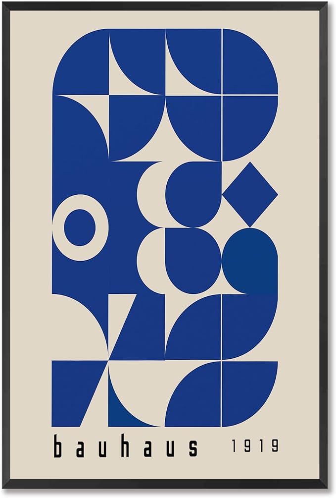 Vintage Bauhaus 1919 Geometric Framed Poster Blue And White Geometric Composition Canvas Wall Art Minimalist Abstract Prints Painting For Home Bedroom Dorm Wall Decor 24x36in Framed