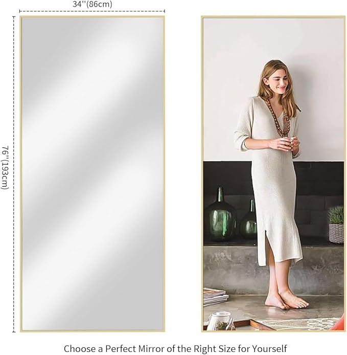 Koonmi 78"x35" Floor Mirror Full Length, Bedroom Floor Body Mirror with Stand, Large Gold Mirror, Leaning, Standing or Hanging Horizontally/Vertically