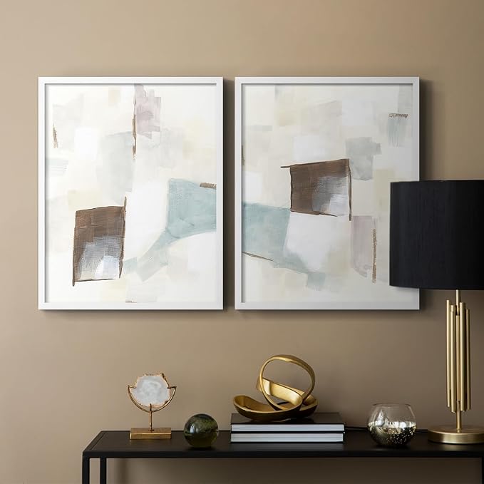 Renditions Gallery Set of 2 Peel & Stick Framed Prints, Abstract Wall Art, Minimalist Color Block Brush Strokes Wall Decor, Re-Stickable - Ready to Hang - 11"x14" - White Frame LT588