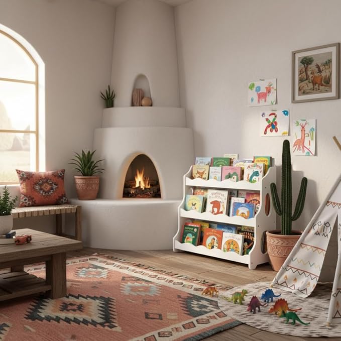 Kids Bookshelf Wooden Montessori Book Shelf Dutch Design 3Tier Scalloped White
