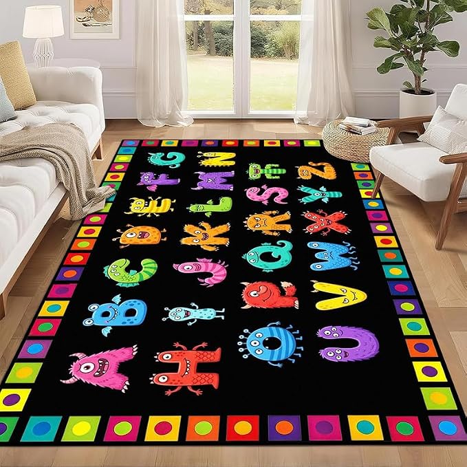Alphabet Monster Area Rug for Kids 3'x5' Colorful ABC Learning Carpet Non Slip Educational Play Mat for Nursery Bedroom Playroom Classroom Entryway Living Room Home Decor