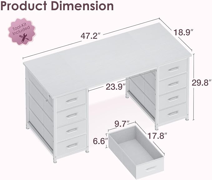 ODK 48 Inch Vanity Desk with 8 Fabric Drawers, Modern Makeup Desk for Bedroom & Dressing Room with Large Storage, Ideal for Home Office, Study, Pure White
