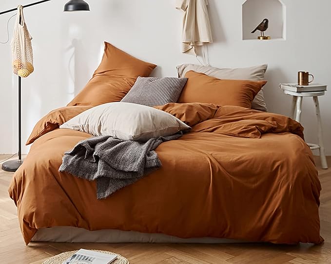 Omelas Caramel Pumpkin Duvet Cover Queen Size Burnt Orange Rust Modern Minimalist Style Solid Color Bedding Sets 3 Pieces Soft Microfiber Comforter Covers with Zipper Closure for Women Men