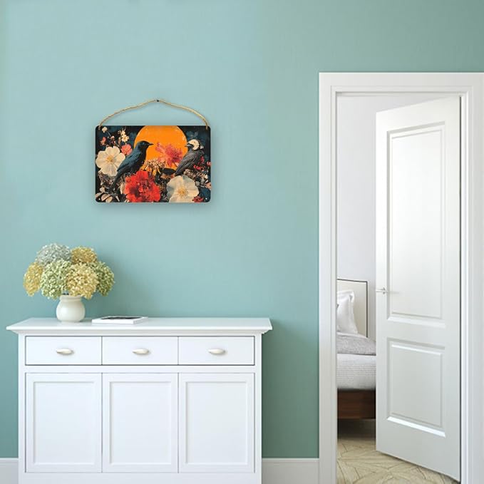 Vintage Black Bird Amidst Red-White Flowers Wooden Sign 12x8 Inch - Eclectic Bedroom Decor for Retro Fans - Thoughtful Gift for Unique Interior Seekers
