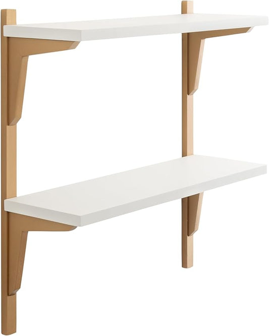 Kate and Laurel Meridien Modern Two-Tier Wooden Shelves, 24 x 8 x 24, White and Gold, Stunning Tiered Wall Shelf for Storage and Display as Cute Nursery Shelving or Bedroom Storage
