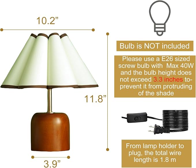 Cute Small Table Lamp, Vintage Mid Century Modern Bedside Nightstand Lamp with Coffee Fabric Lampshade,Solid Wood Base Brown for Bedroom Home Office Decor (Without Buld)