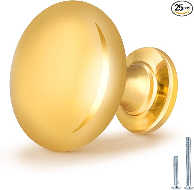 25 Pack Solid Drawer Knob Polished Brass Kitchen Cabinet Knob,Polished Gold Dresser Knob Round Cabinet Drawer Cupboard Hardware Euro Style,Diameter:1-1/5 "