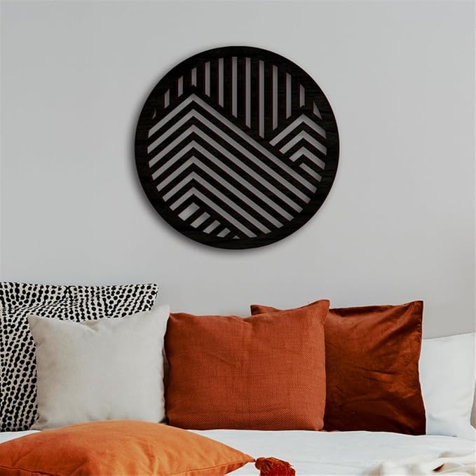 Geometric Wood Wall Art Decor, Modern Vintage Mountain Wall Sculptures Hanging Abstract Panels Decor, 3D Round Hollow Wooden Craft Art Boho Wall Decoration, for Home Office Living Room Bedroom (Black)