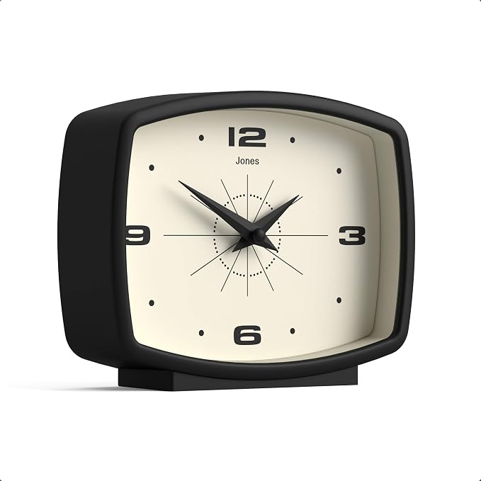 JONES CLOCKS® Film Desk Clock | Retro Rectangular Design | Black | Retro Design, Blending mid-Century Style with a Punchy Modern Finish for Shelf, Table, Mantel or Bedside