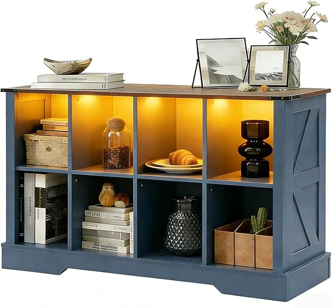 8 Cube Storage Organizer, 2 Tier Book Shelf with Led Lights, Farmhouse Book Shelves for Living Room, Horizontal Toy Storage Bookshelf, Wood Display Bookcase Cabinet for Bedroom, Office, Blue