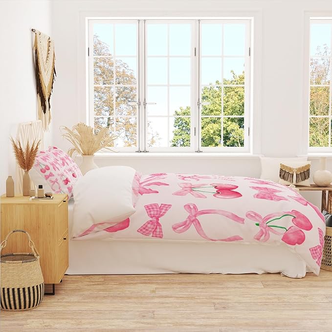 Pink Bows Bowknot Duvet Cover Queen Size,Kids Girls Super Soft Microfiber Bedding Set for Adults Teens Pink Cherry Bow Bedding Set Coquette Room Decor Girly Bedroom Decor Bow Decor 88"x88"
