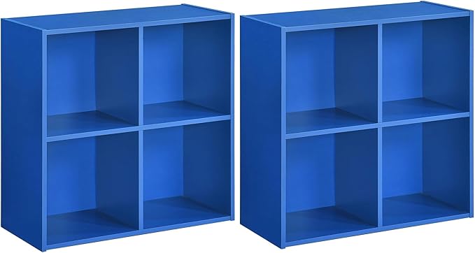 Kings Brand Furniture George 4-Cube Storage Organizer, 2-Tier Bookcase with Wood Shelves for Living Room, Bedroom, Nursery, or Home Office (Blue, 2-Pack)