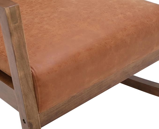 VESCASA Brown Faux Leather Rocking Chair with Channel-Tufted Back, Mid-Century Modern Comfy Rocker with Walnut Wood Frame for Nursery Living Room Bedroom Indoor, Burnt Orange Upholstered Chair