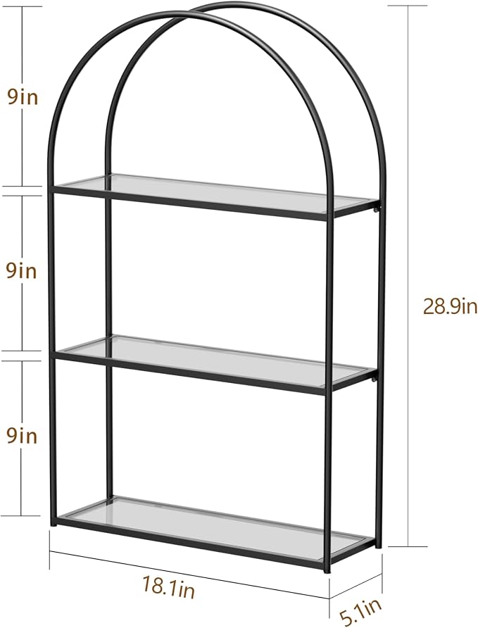 Crofy Black Arched Frame Wall Shelf, Decorative 3 Tier Bathroom Wall Shelf with Transparent Tempered Glass Shelves and Robust Storage Capacity, 5.1" D x 18.1" W x 28.9" H