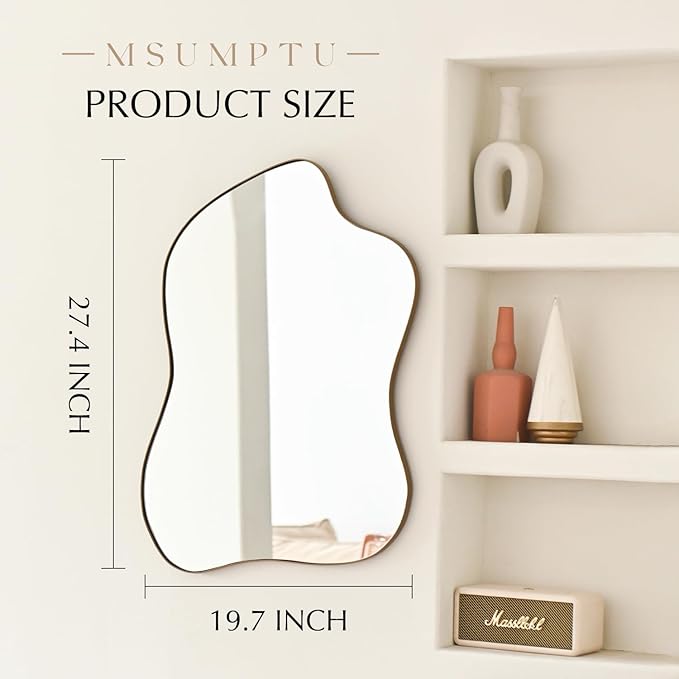 Irregular Wall Mirror Brass Wave Shaped Metal Framed Wall Mirror for Bathroom Bedroom Entryway Living Room Wall Decor 28" L x 20" W 2304G