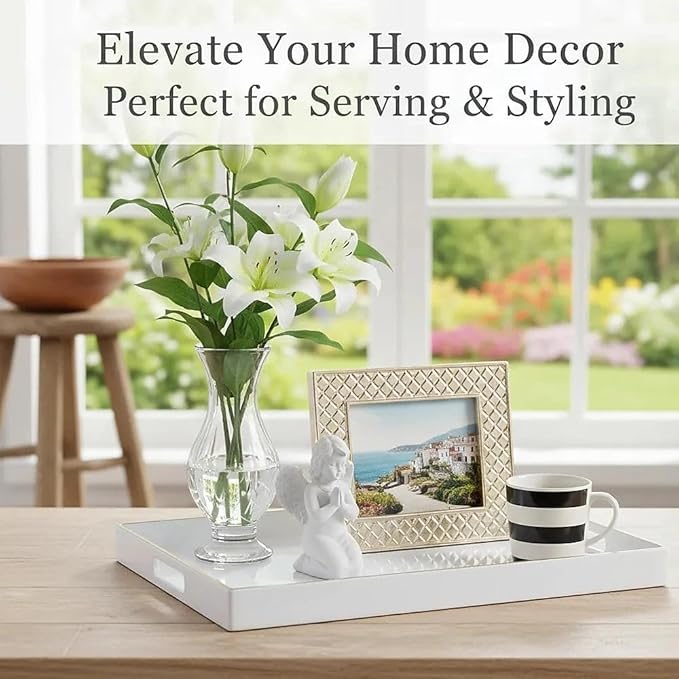 Decorative Plastic Serving Tray with Handles, Modern Vanity Organizer for Bathroom, Kitchen, Ottoman and Coffee Table (White, Rectangular)