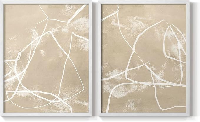 Renditions Gallery Set of 2 Peel & Stick Framed Prints, Neutral Abstract Wall Art, Beige Line Art Pattern Wall Decor, Re-Stickable - Ready to Hang - 8"x10" - White Frame LT588
