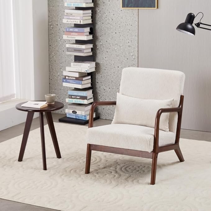Accent Chairs with Side Table, Mid Century Modern Chair with Pillow, Arm Chair with Solid Wood, Reading Relaxing Leisure Chair for Living Room, Bed Room, Waiting Room, White