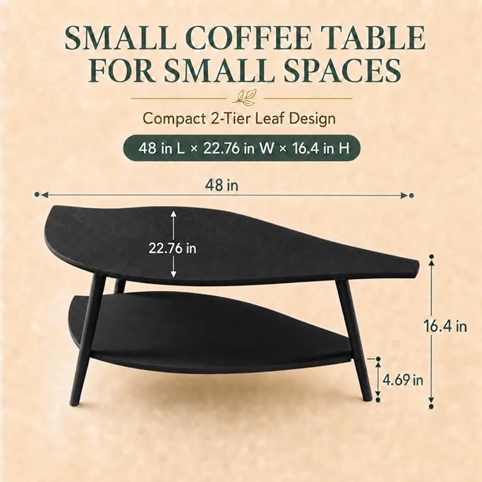 Small Coffee Table with Storage,Unique Leaf Handcrafted Marquetry,Mid Century Modern Oval Wooden Coffee Table,Natural Oak Veneer, Solid Wood Legs,for Living Room,Apartment(Black)
