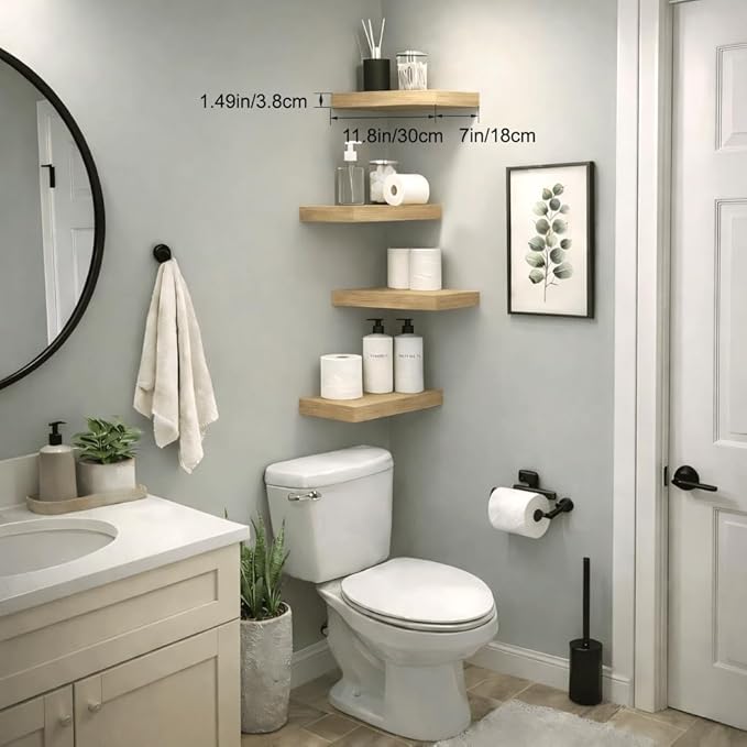 Bathroom Floating Shelves for Wall, Oak Small 11.8" Floating Shelf for Storage, Display and Farmhouse Rustic Home Decor, Perfect Over Toilet for Bedroom, Kitchen or Living Room, 2-Pack
