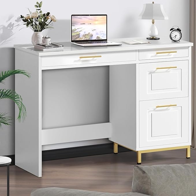 4 EVER WINNER White Desk with Drawers and Golden Handles, 43" Home Office Desks with Drawers, Computer Wrighting Table with Storage for Bedroom, White and Gold Desk