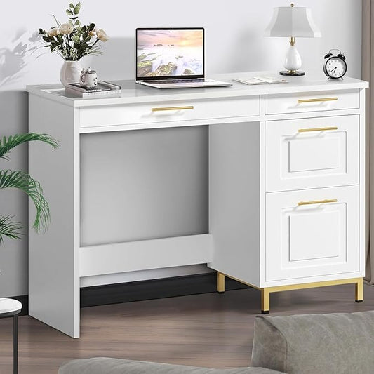 4 EVER WINNER White Desk with Drawers and Golden Handles, 43" Home Office Desks with Drawers, Computer Wrighting Table with Storage for Bedroom, White and Gold Desk