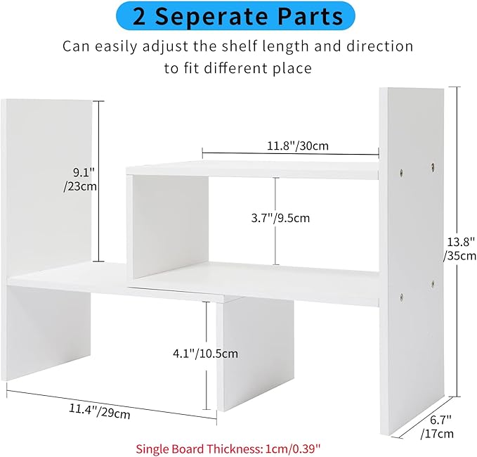 Desktop Shelf Organizer, Adjustable Wood Office Storage Rack, Counter Display Small Bookshelf for Home/Office/School(White)