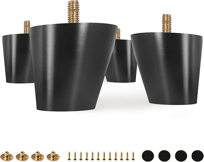 FoDau770 Black Rubber Wood Furniture Legs 2 Inches, Slant Tapered Wood Feet Mid Century Sofa Legs Set of 4, 5/16" UNC Furniture Feet Replacement Parts for Cabinet Couch Dresser Chair Ottoman Table