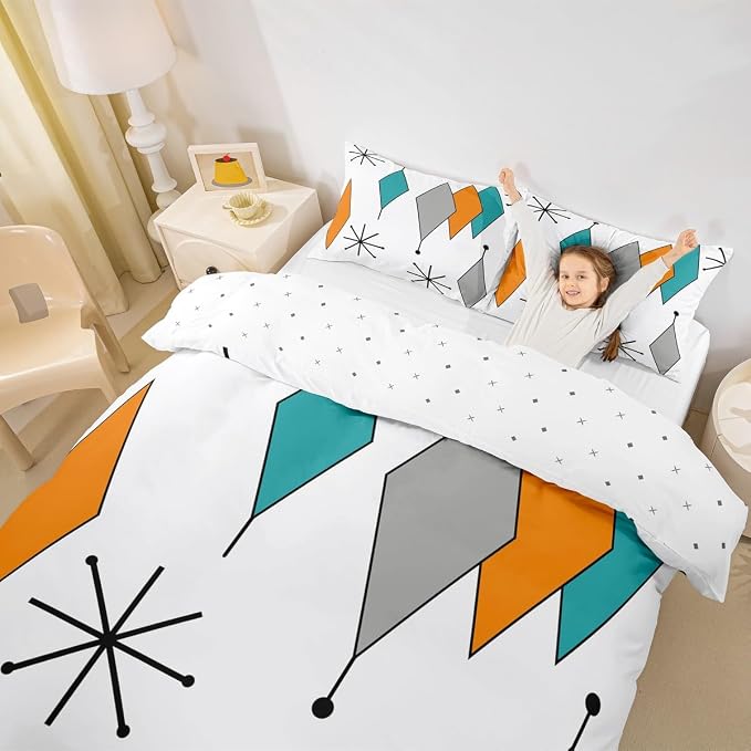 Erosebridal Colorful Aesthetic Comforter Cover Diomand Bed Set, Retro Atomic Duvet Cover King Size Modern Mid Century Bedding Sets, Bohemian Minimalist Bedspread Cover Breathable 3pcs