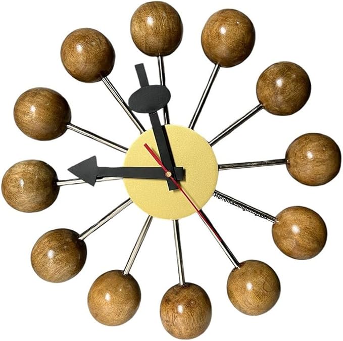 Mid Century Modern Ball Clock – George Nelson Style Wooden Wall Clock, Retro Starburst Design, Silent Non-Ticking Decorative Wall Decor for Living Room, Office, Kitchen & Home (Natural Brown, 24 Inch)