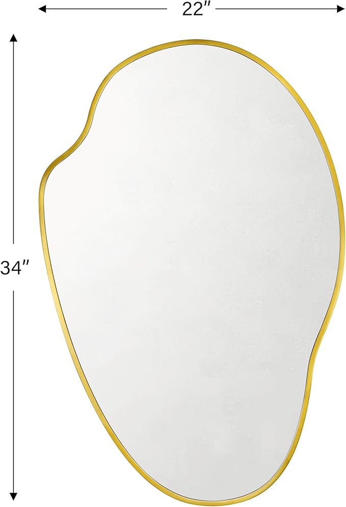 TOMACE Brushed Gold Asymmetrical Irregular Wall Mirror,22''x 34'' Unique Brass Frame Wall Mounted Mirror for Bathroom,Entryway,Nursery