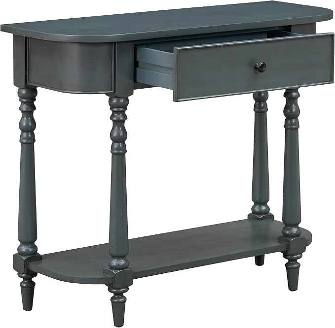 Retro Curved Console Table, 36" Solid Wood Half Moon Console Table Sofa Table Entryway Table with 1 Drawer 1 Open Shelf Roman Legs Curved Corners for Living Room,Entryway,Hallway,Navy