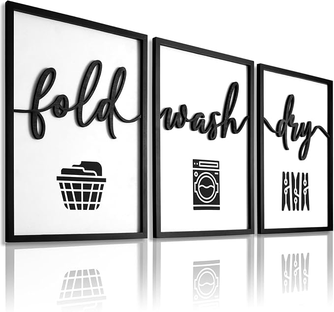 3D Wood Laundry Room Wall Decor, 48" x 24" Framed Laundry Room Wall Art, 3D Signs for Room Decor (Ready to Hang, Set of 3, Framed)