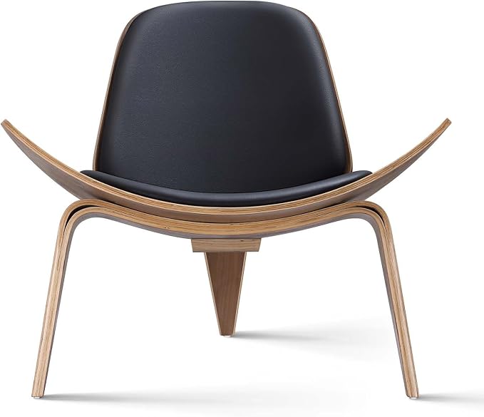 Mid Century Modern Shell Lounge Chair, PU Leather, Tripod Plywood Classic Design Solid Wood Accent Chairs for Living Room, Reading, Lounge, Office, Salon