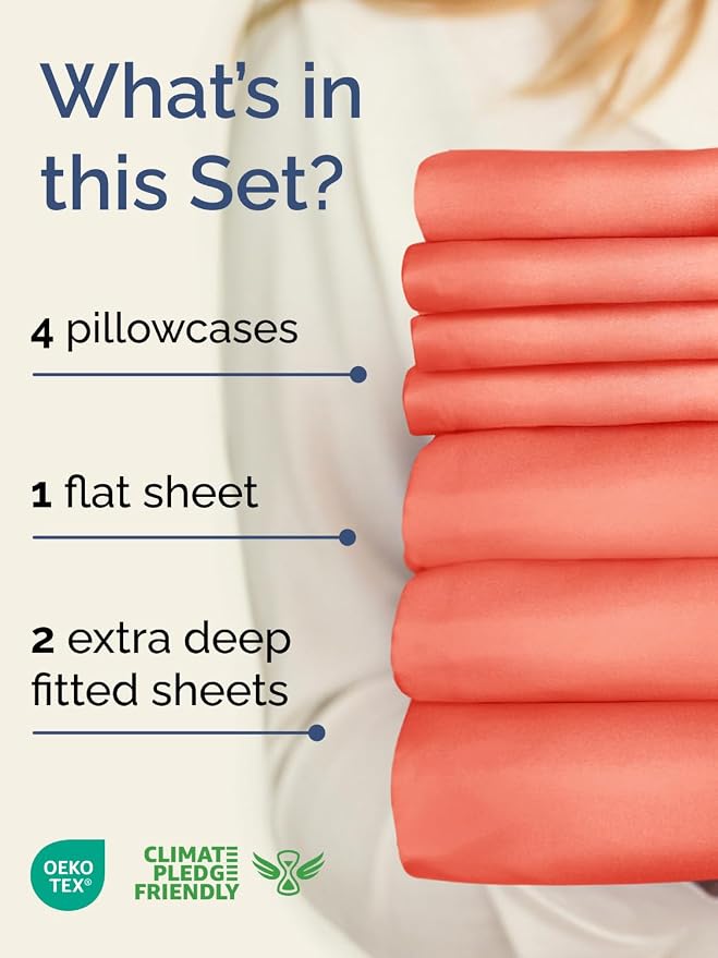 Extra Deep Split King Sheet Set - 7 Piece Breathable and Cooling Sheets - Hotel Luxury Bedding for Women, Men, Kids & Teens - Easy Secure Fit - Soft, Wrinkle Free & Comfy - Extra Deep Pockets - Coral