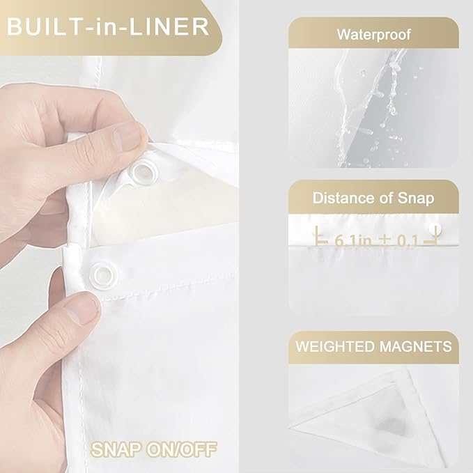 No Hook Shower Curtain and Liner Set, Boho Cat Shower Curtains with Snap in Fabric Liner for Bathroom, Ringless Waterproof Washable with See Through Top Window, Cream Beige 71" x 74"