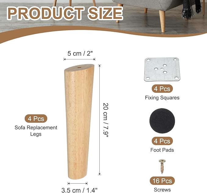 PATIKIL Wood Furniture Legs, 4Pcs 7.9" Tapered Replacement Sofa Leg for Chair Couch Bed Coffee Table Dresser, Wood Color
