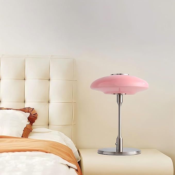 Table Lamp, Metal and Glass Modern Bedside Lamp, Decorative Table Light, Table Lamp for Living Room Bedroom Study Room, 12.6 * 16.5 Inch, Chrome & Pink
