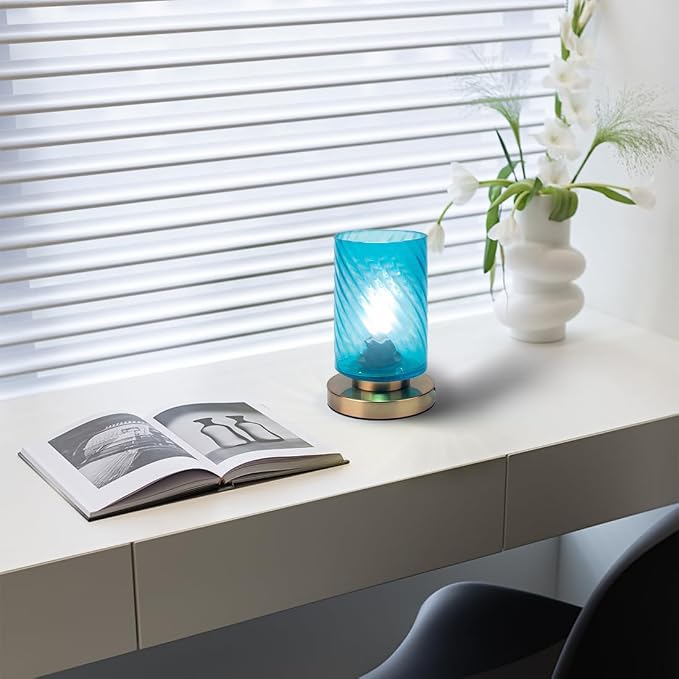 Modern Bedside lamp Gold Table lamp mid Century Modern Table lamp with Blue Glass Shade mini nightstand Lamps Small Desk lamp for Bedroom Living Room Office end Table