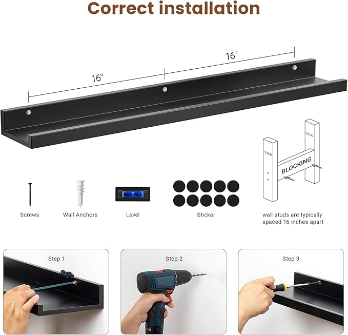 Heimlove 36 Inch Picture Ledge Shelf with Lip,Black Floating Shelves for Wall Set of 3,Long Wall Shelves in Varying Depths for Living Room,Bedroom,Nursery,Bookshelf