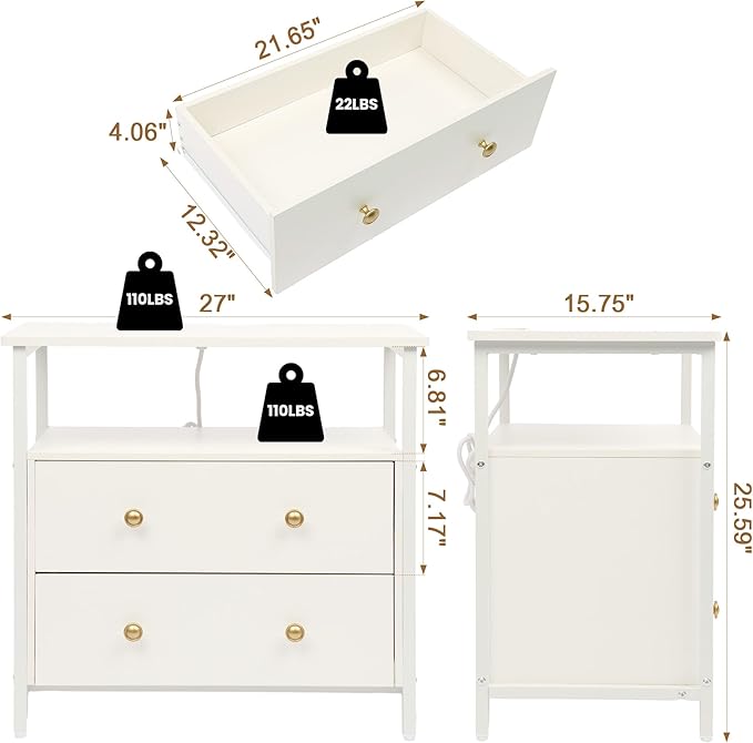 27 inch Wide Night Stand with Charging Station, Bedside Table with Open Shelf, 2 Drawers Small Wood Dresser, Modern Wood Nightstand for Bedroom/Living Room (White)