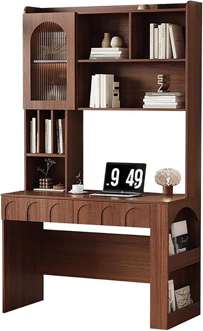 79" Mid-Century Desk, Multifunctional Computer Desk with Drawer and Glass Storage Cabinets, Reading Table, Office Desk, Bedroom Vanity Desk(100CM, B)